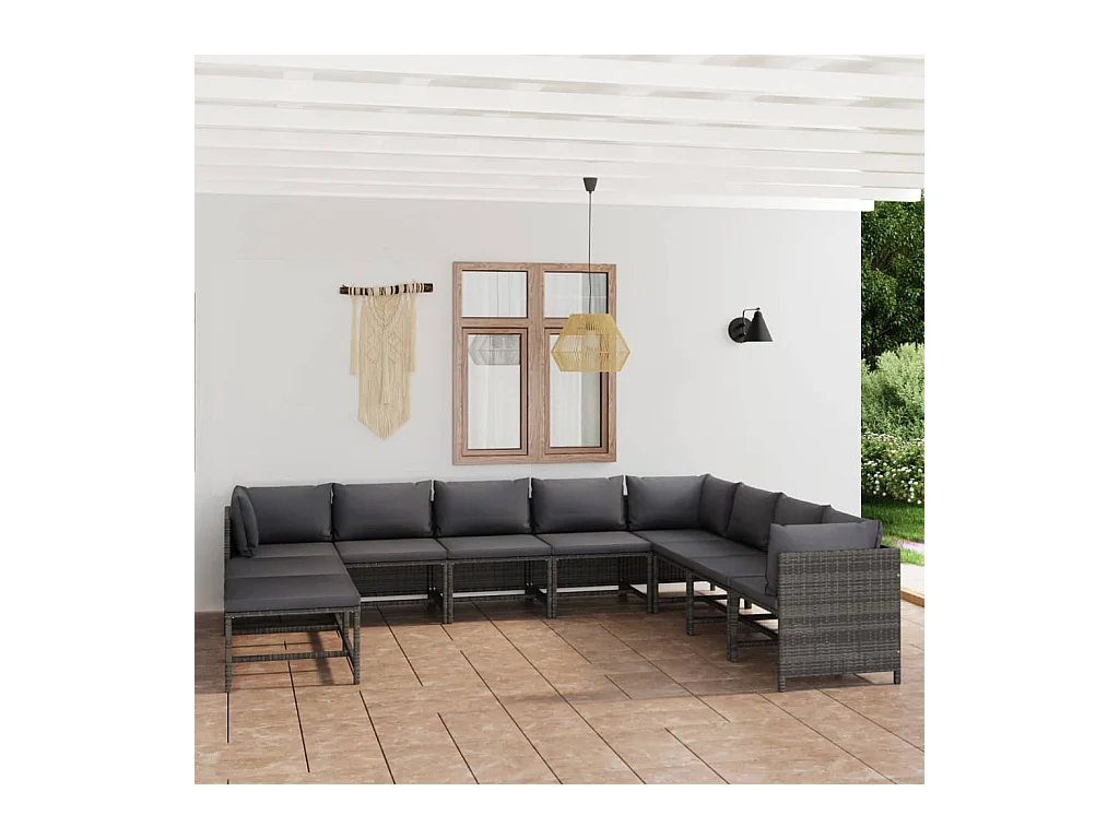 11-tlg. Garten-Lounge-Set mit Kissen Poly Rattan Grau