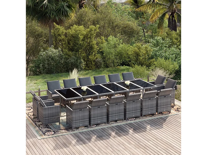 Ensemble à manger de jardin coussins 17 pcs Résine tressée Gris