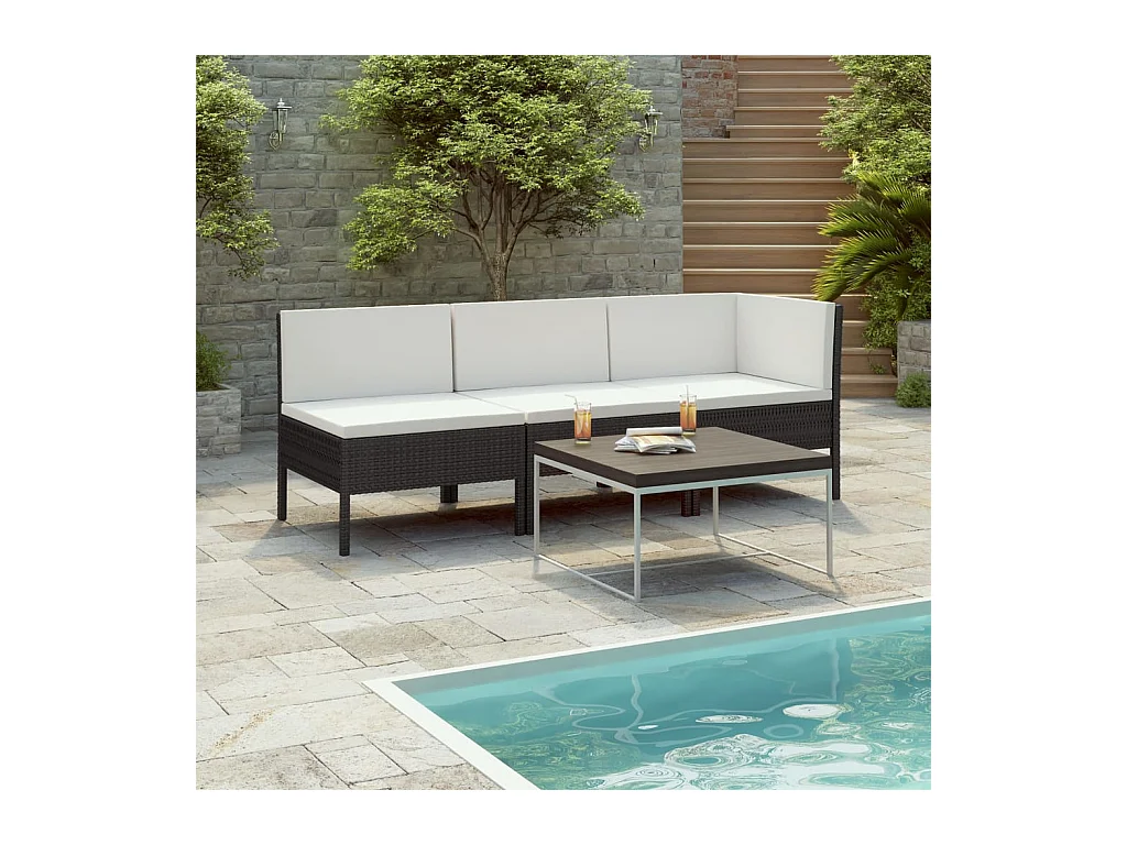 Set Divani da Giardino 3 pz con Cuscini in Polyrattan Nero
