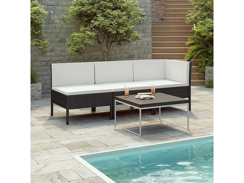 3-tlg. Garten-Lounge-Set mit Auflagen Poly Rattan Schwarz