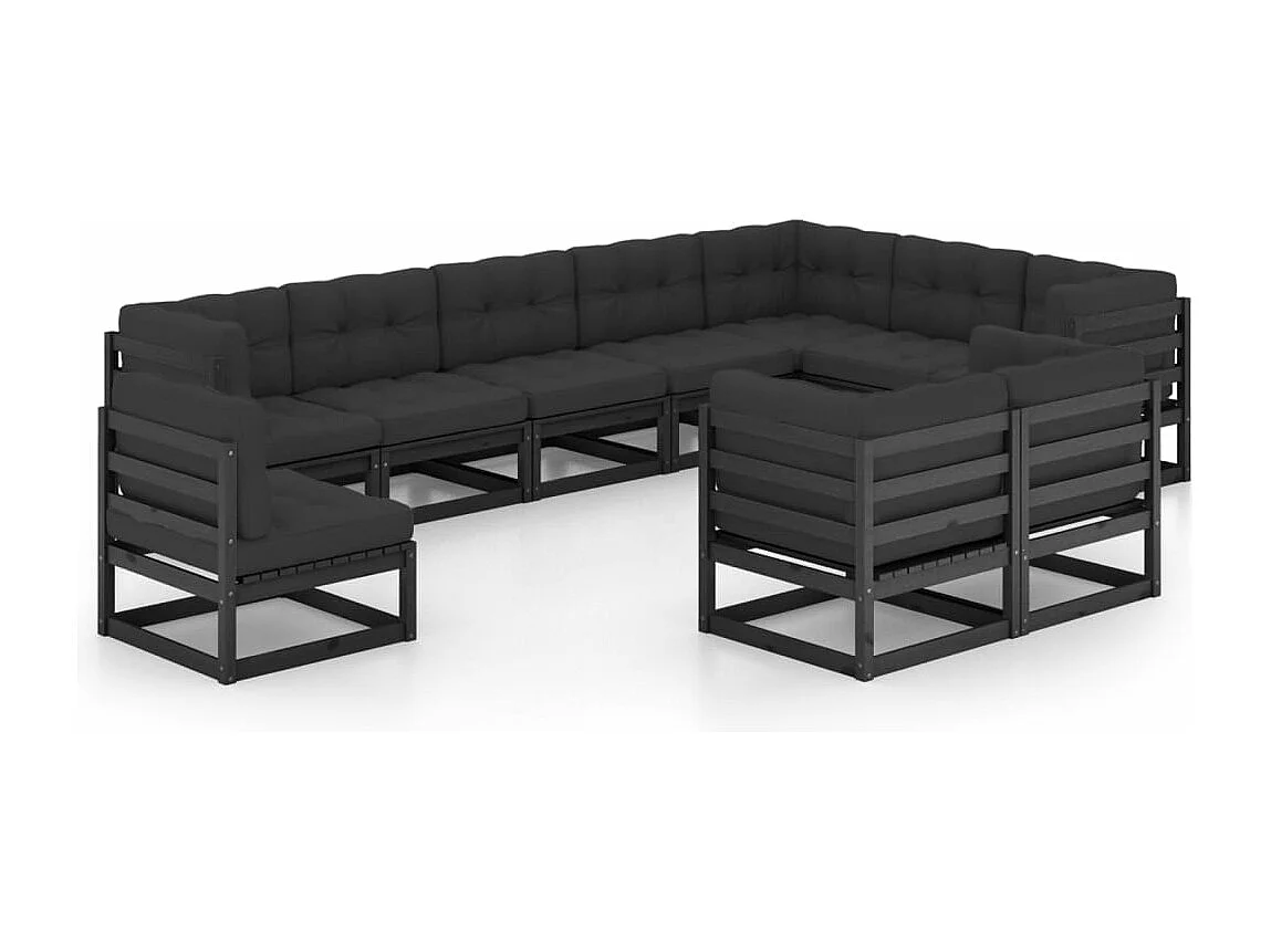 Salon de jardin 10 pcs avec coussins Noir Bois de pin massif