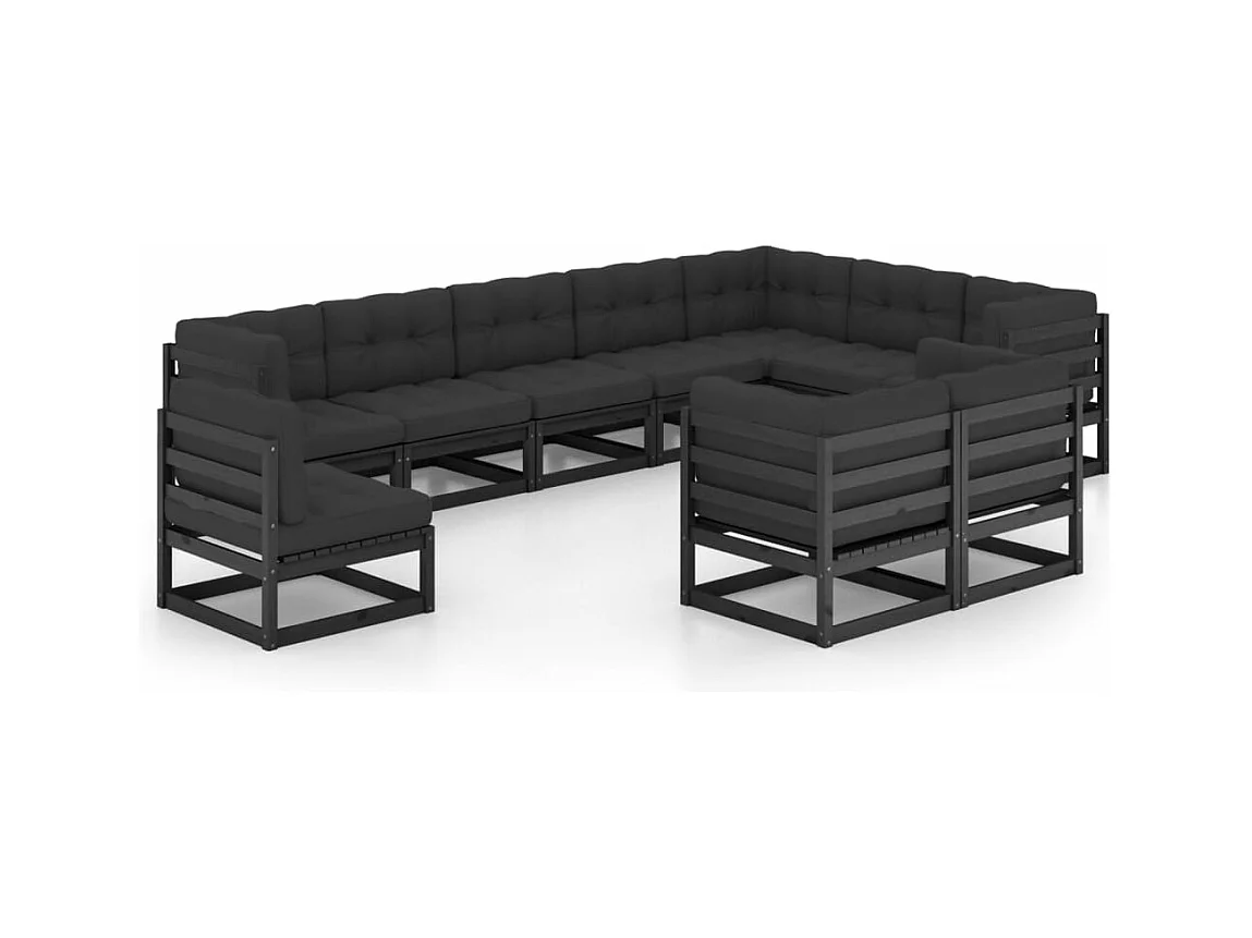 10-delige Loungeset met kussens massief grenenhout zwart