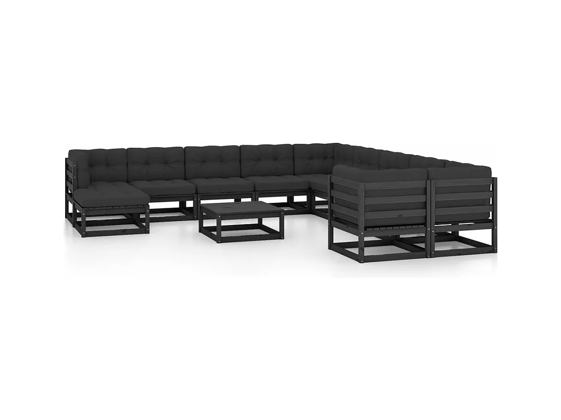 12-delige Loungeset met kussens massief grenenhout zwart