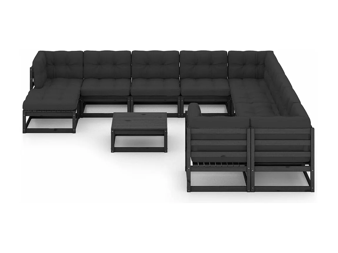 Salon de jardin 12 pcs avec coussins Noir Bois de pin massif