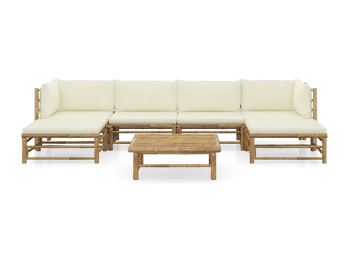 Salon de jardin 7 pcs avec coussins blanc crème bambou