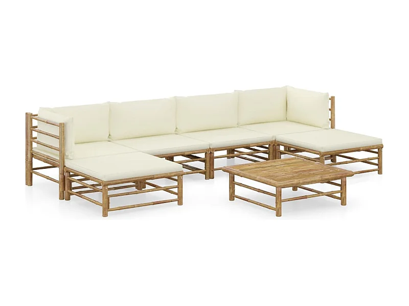 Salon de jardin 7 pcs avec coussins blanc crème bambou