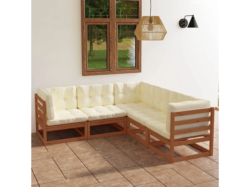 Set Divani da Giardino 5 pz con Cuscini Legno Massello di Pino