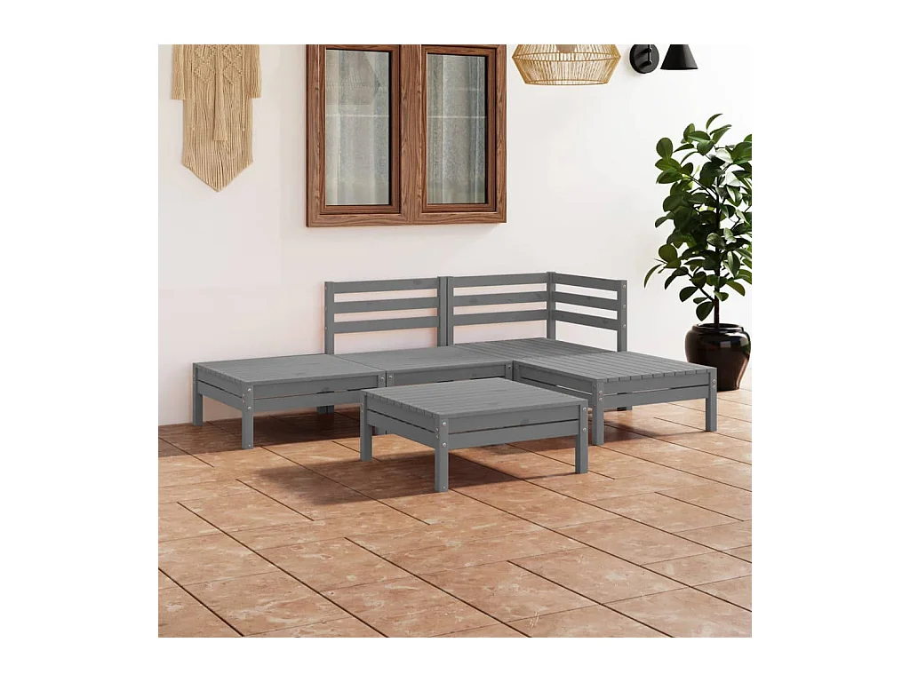 Set Salotto da Giardino 5 pz in Legno Massello di Pino Grigio