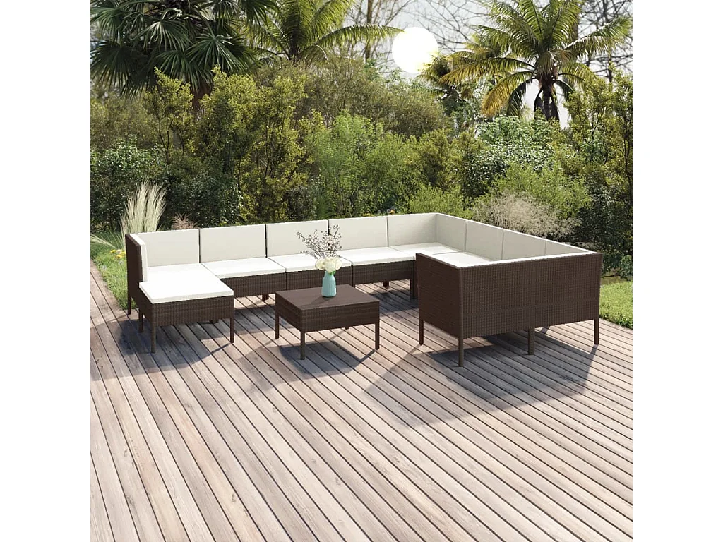Set Divani da Giardino 11 pz con Cuscini in Polyrattan Marrone