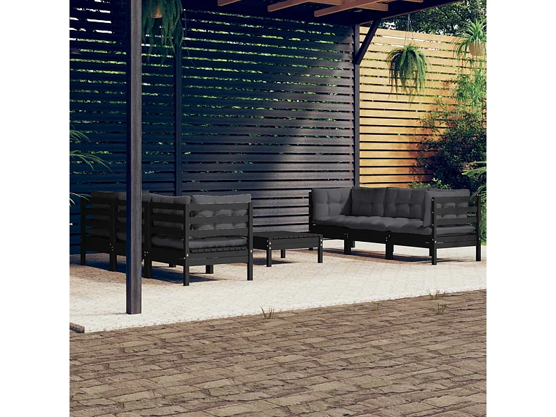 Salon de jardin 7 pcs avec coussins anthracite bois de pin