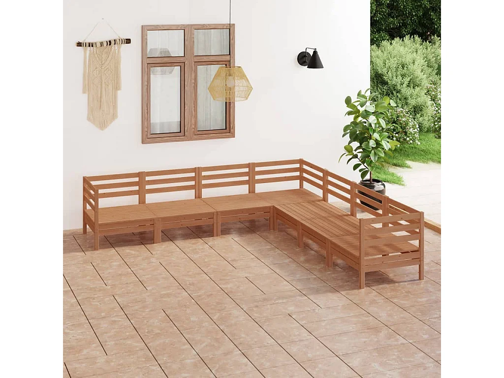 7 pcs conjunto lounge de jardim pinho maciço castanho mel
