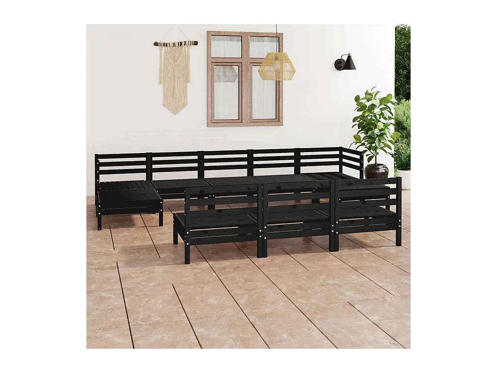Set Salotto da Giardino 10 pz Nero in Legno Massello di Pino