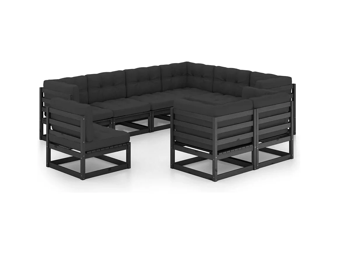 9-delige Loungeset met kussens massief grenenhout zwart