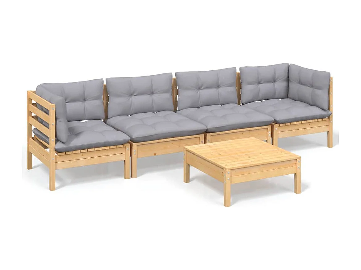 Salon de jardin 5 pcs avec coussins gris bois de pin massif