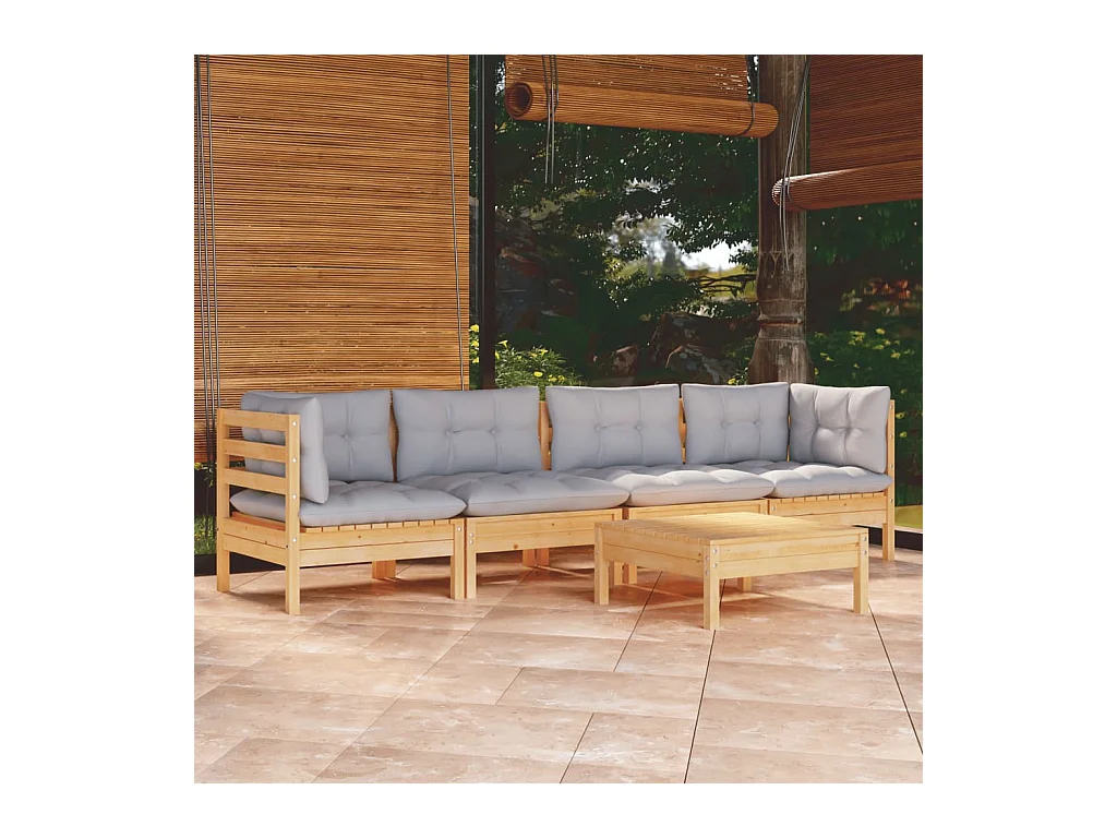 Set Divani da Giardino 5 pz con Cuscini Grigi Massello di Pino