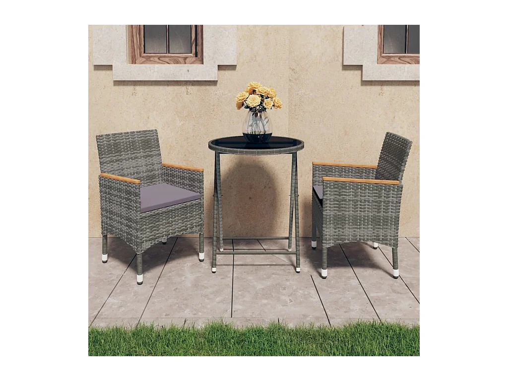 Ensemble de bistro 3 pcs Résine tressée et verre trempé Gris
