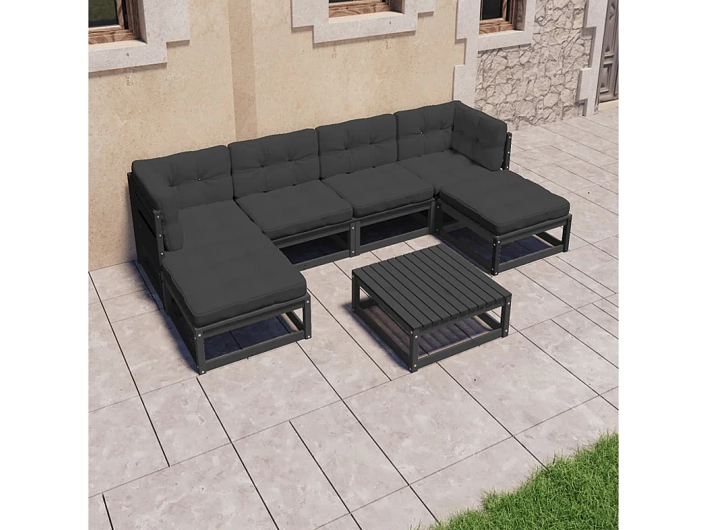 7-delige Loungeset met kussens massief grenenhout zwart