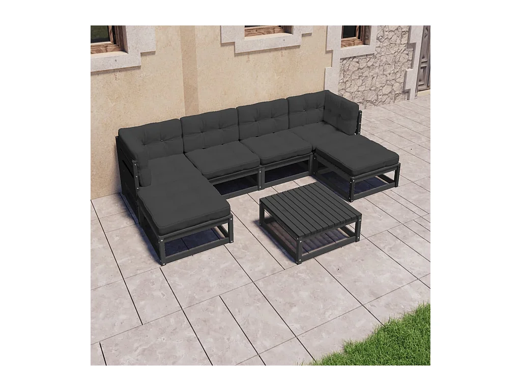 7-delige Loungeset met kussens massief grenenhout zwart