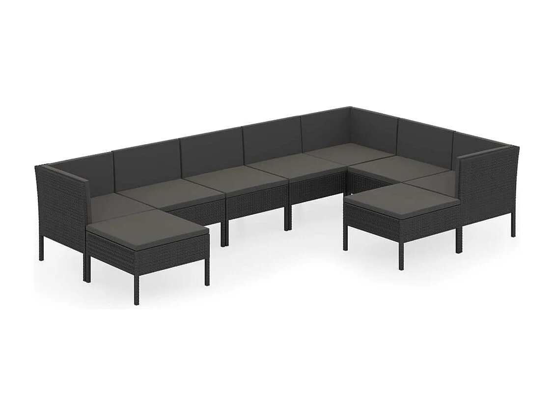 Salon de jardin 9 pcs avec coussins Résine tressée Noir