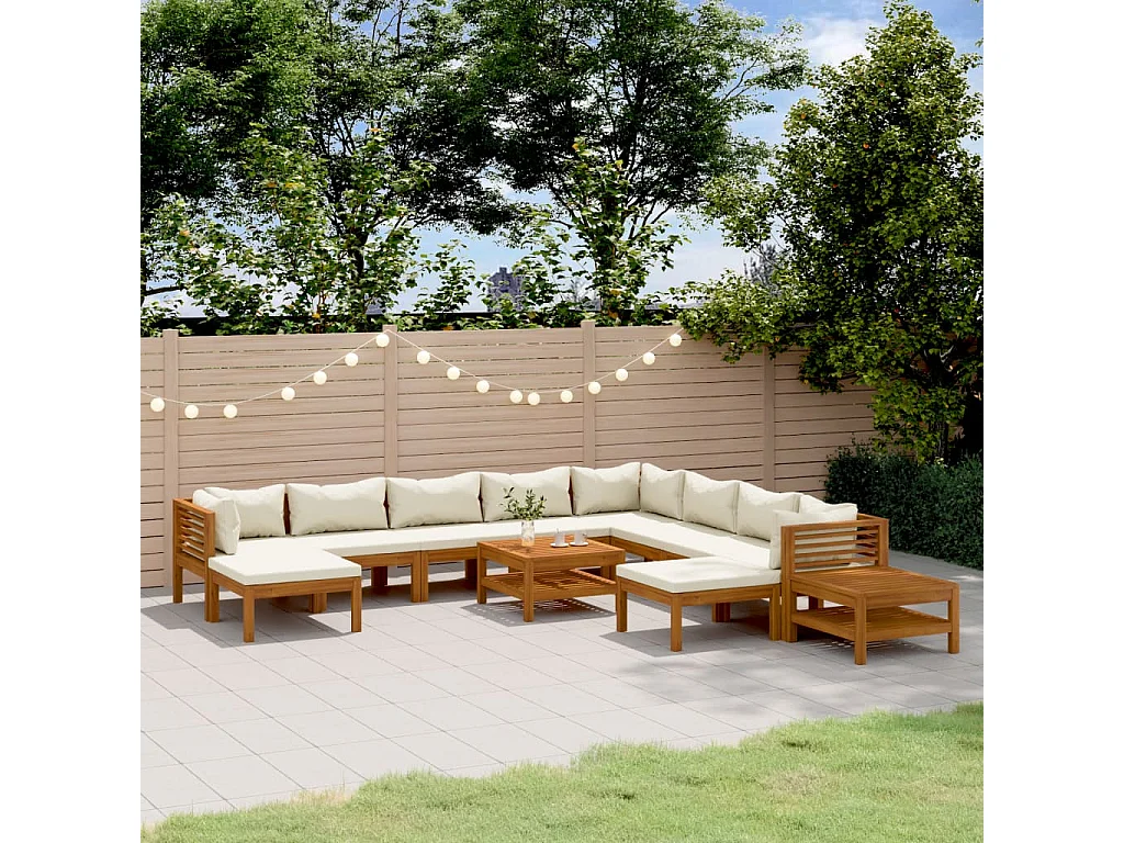 12 pcs conjunto lounge jardim c/ almofadões creme acácia maciça