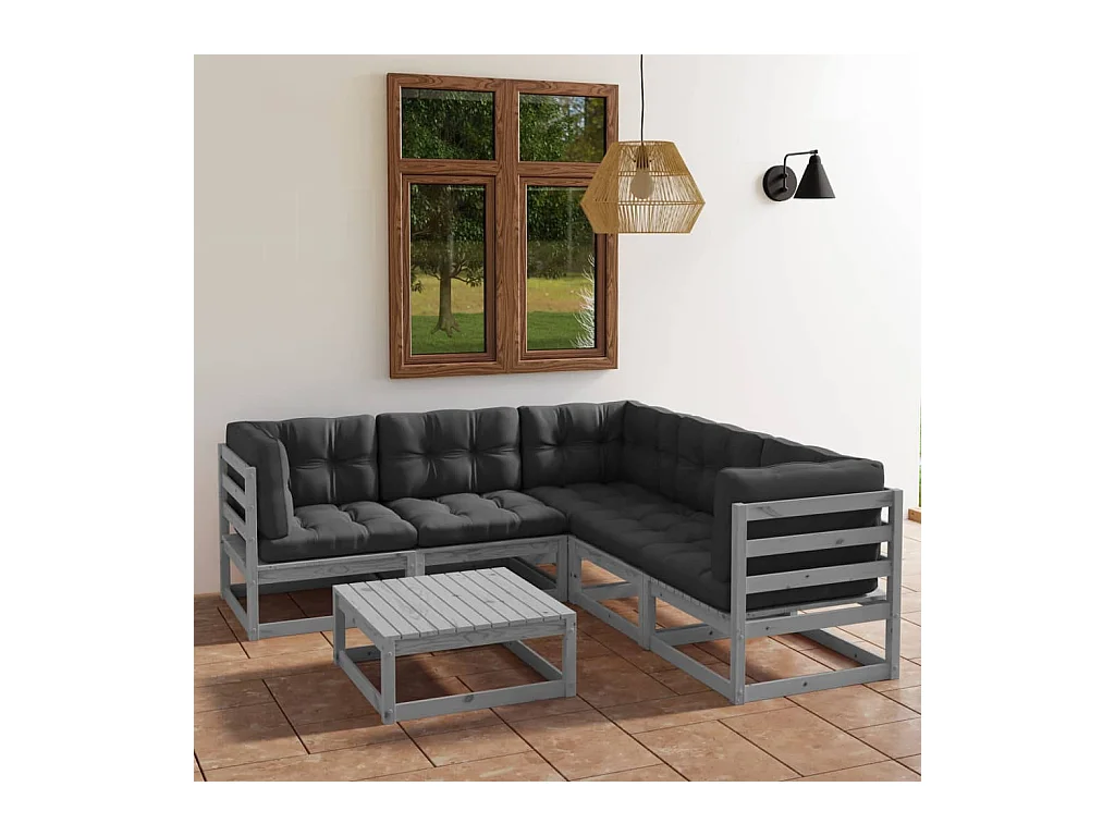 Salon de jardin 6 pcs avec coussins Bois de pin massif
