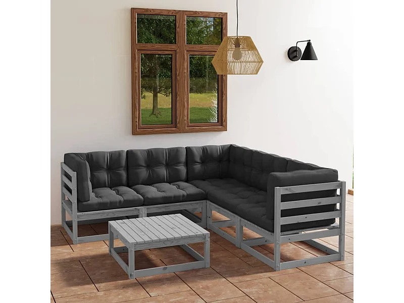 6-delige Loungeset met kussens massief grenenhout