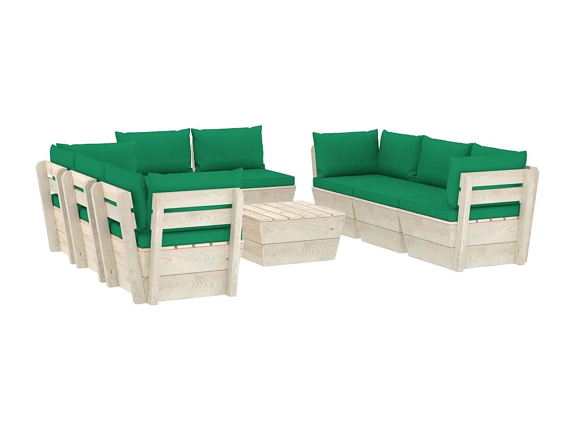 Set Divani da Giardino su Pallet 9 pz con Cuscini Legno Abete