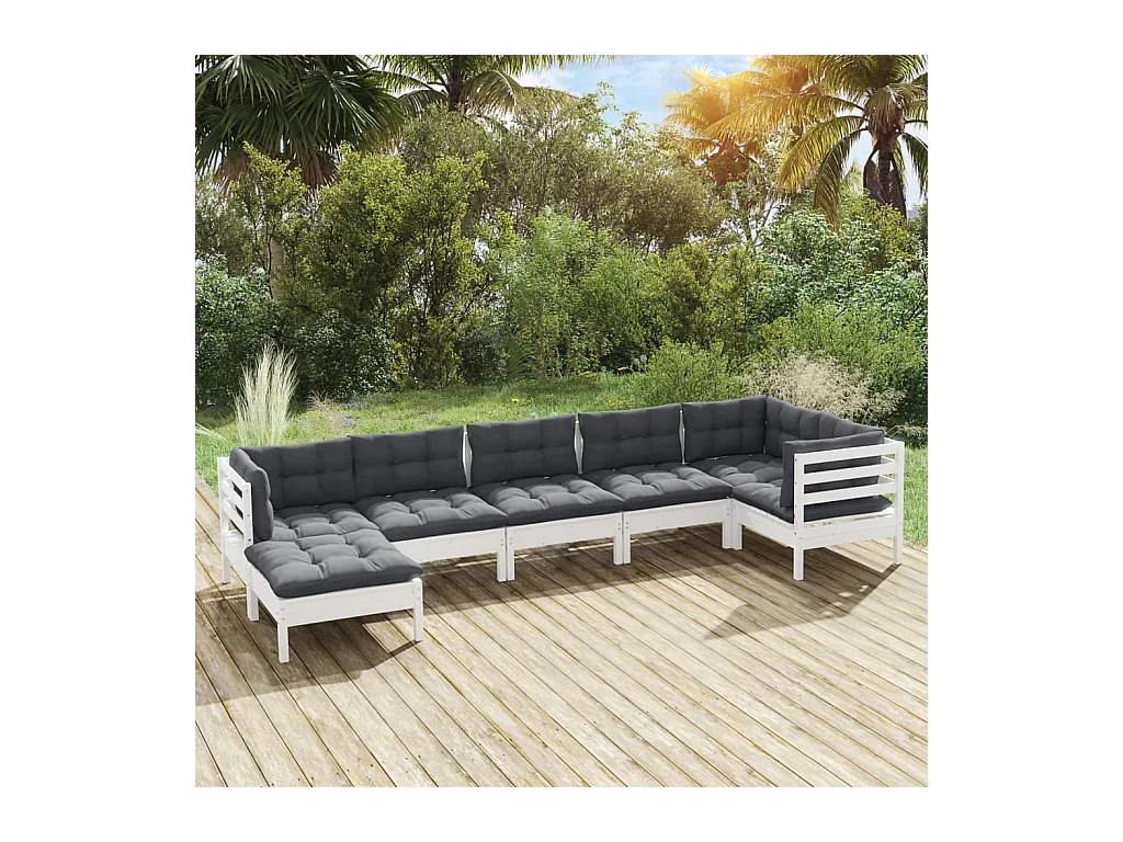 7-delige Loungeset met kussens massief grenenhout wit