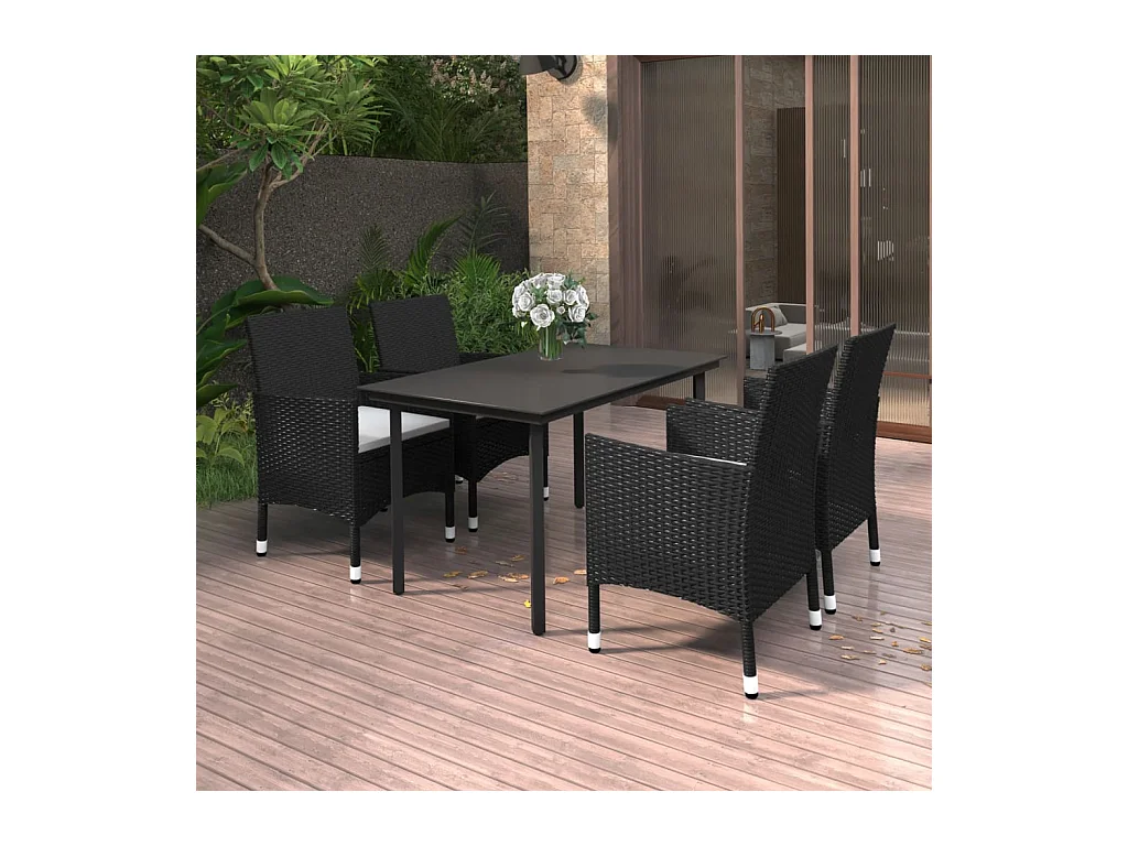 Ensemble à manger de jardin coussins 5 pcs Résine tressée Verre