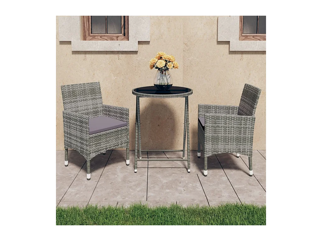 3-tlg. Bistro-Set Poly Rattan und Hartglas Grau
