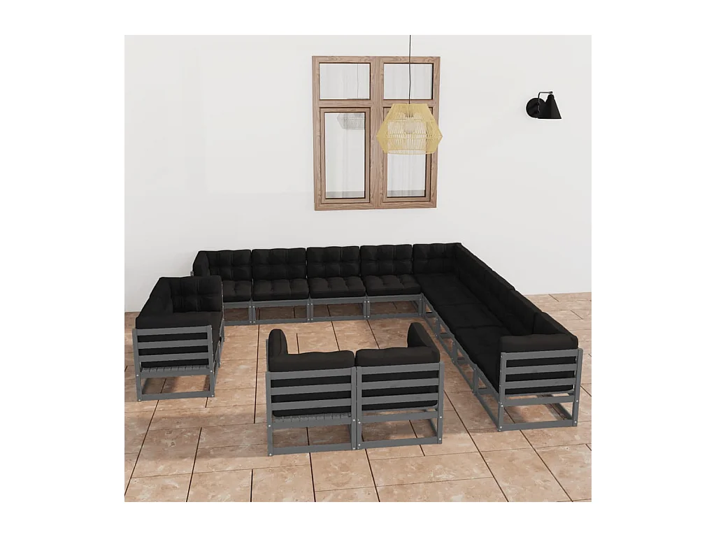 Salon de jardin 13 pcs avec coussins Gris Bois de pin massif