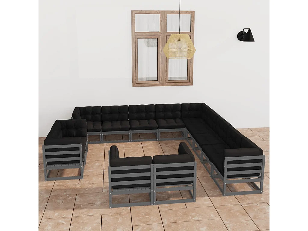 13-delige Loungeset met kussens massief grenenhout grijs