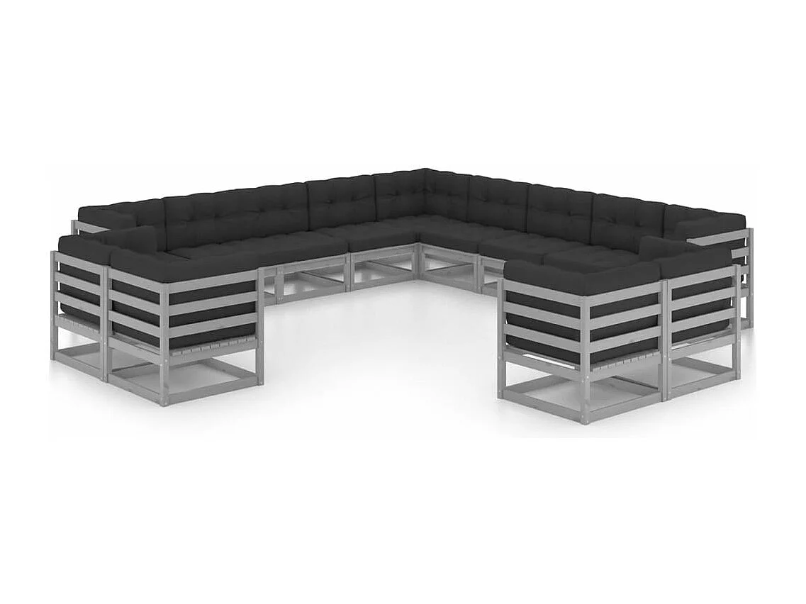 13-delige Loungeset met kussens massief grenenhout grijs