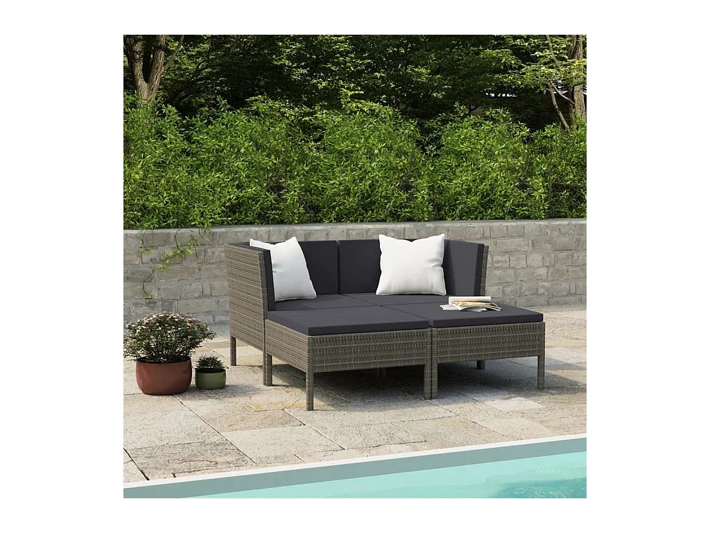 Salon de jardin 4 pcs avec coussins résine tressée gris