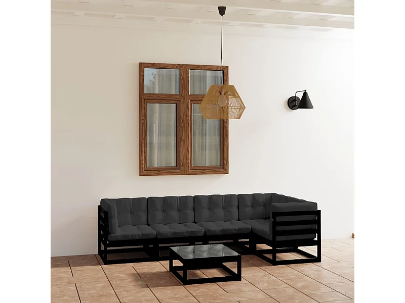 Juego de muebles de jardín 6 pzas y cojines madera pino maciza