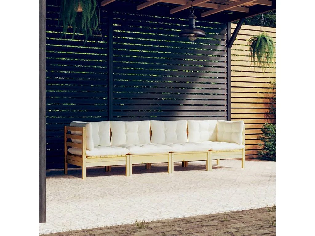 4 pcs conjunto lounge jardim c/ almofadões creme pinho maciço