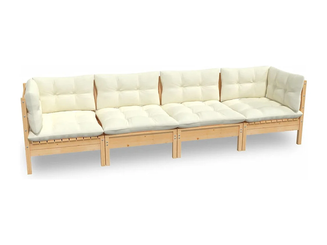 4 pcs conjunto lounge jardim c/ almofadões creme pinho maciço