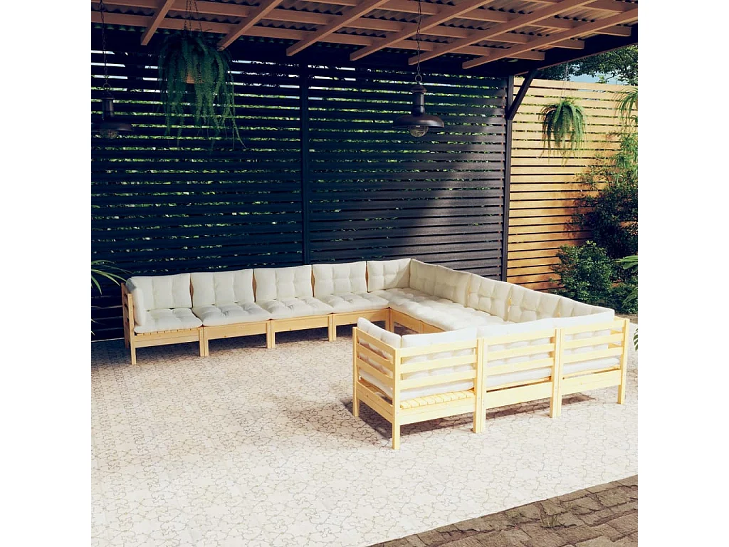 11 pcs conjunto lounge de jardim c/ almofadões cor creme pinho