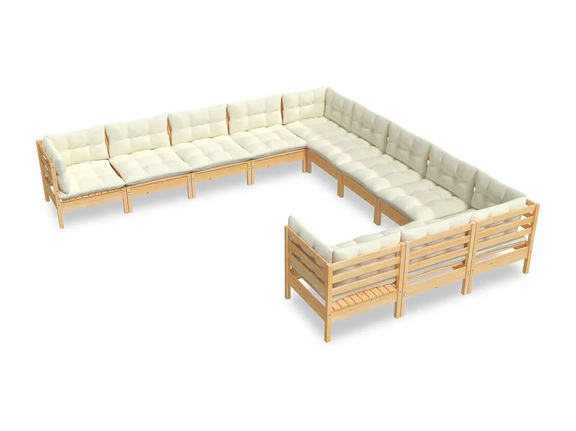 11 pcs conjunto lounge de jardim c/ almofadões cor creme pinho