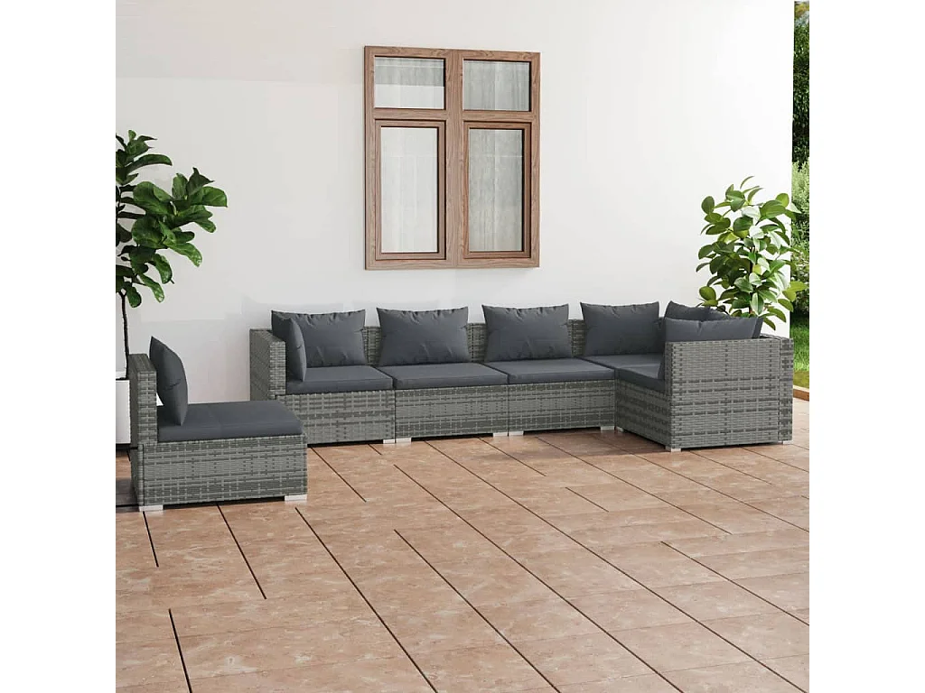 Salon de jardin 6 pcs avec coussins Résine tressée Gris