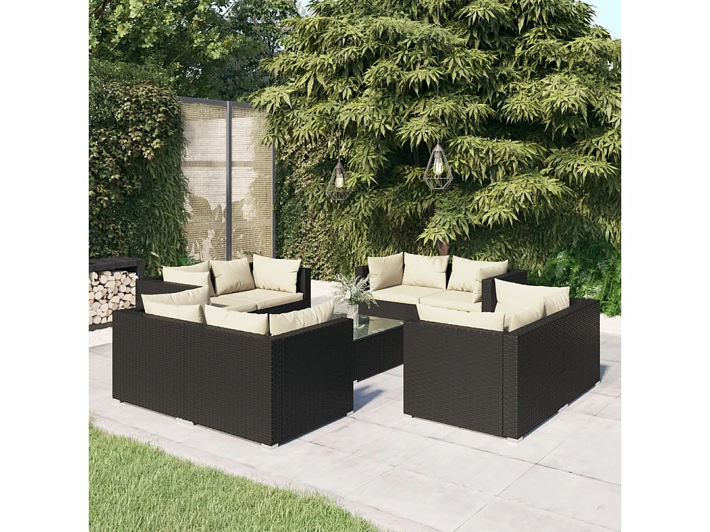 9-tlg. Garten-Lounge-Set mit Kissen Poly Rattan Schwarz