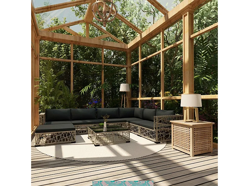 8-delige Loungeset met kussens poly rattan grijs