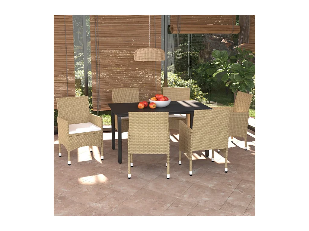 Ensemble à manger de jardin et coussins 7 pcs Poly rotin Beige
