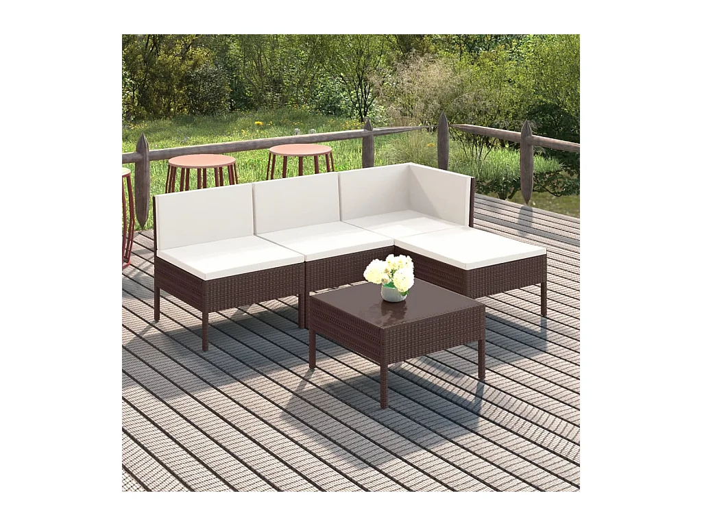 Salon de jardin 5 pcs avec coussins résine tressée marron