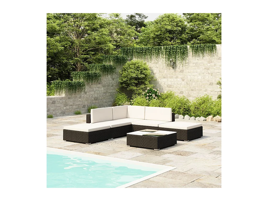 6-delige Loungeset met kussens poly rattan zwart