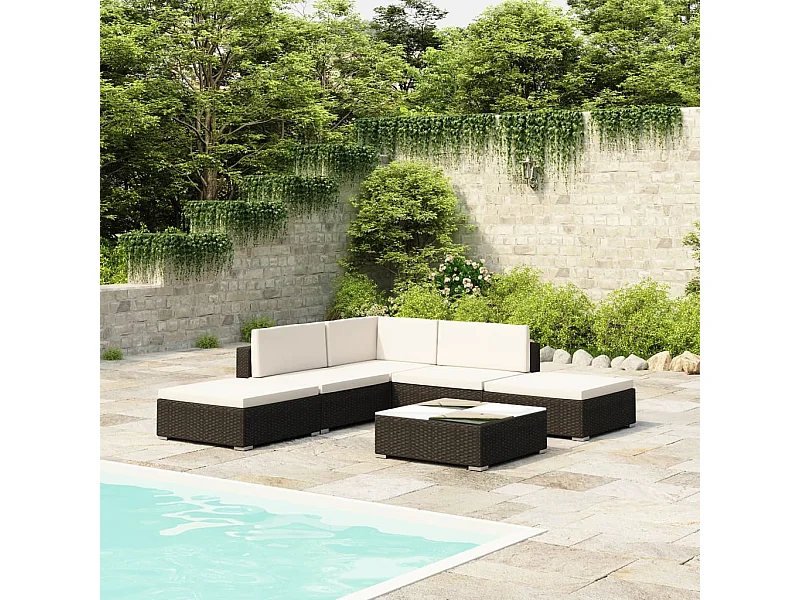 Salon de jardin 6 pcs avec coussins résine tressée noir