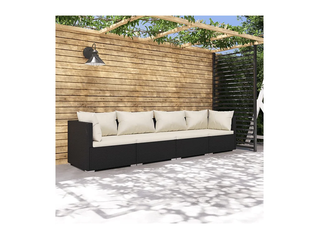 Salon de jardin 4 pcs avec coussins Résine tressée Noir