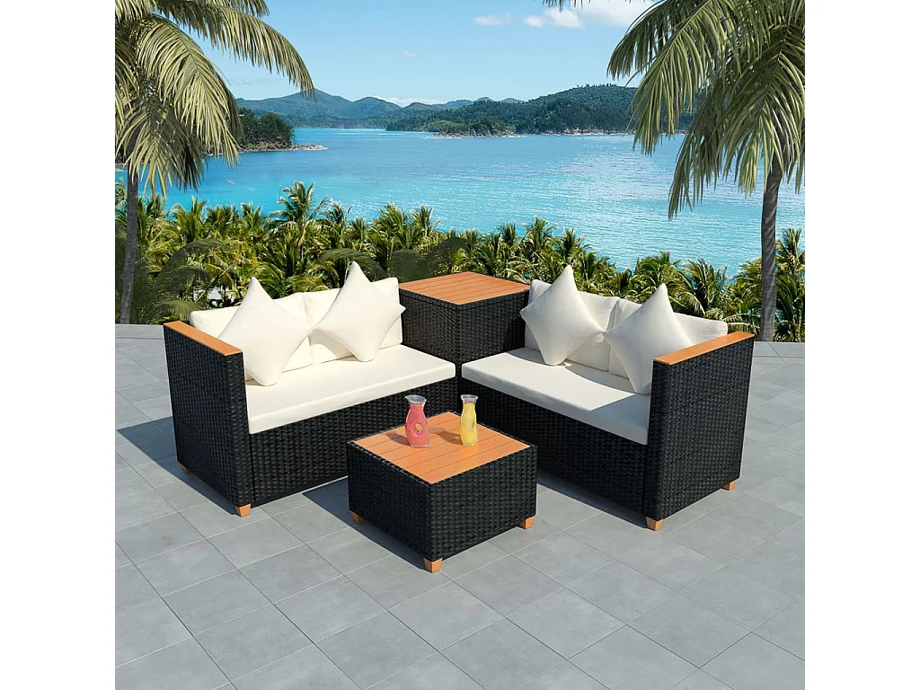 4-tlg. Garten-Lounge-Set mit Auflagen Poly Rattan Schwarz