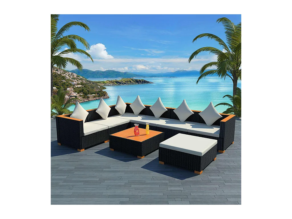 Salon de jardin 8 pcs avec coussins résine tressée noir