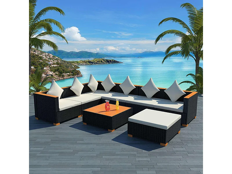Set muebles de jardín 8 piezas y cojines ratán sintético negro